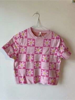 Dreamers Pink Daisy Checker Knit Short Sleeve Top
